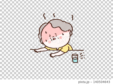 A senior woman collapses onto a desk, suffering from dehydration due to lack of fluids (hidden dehydration/heatstroke). A senior woman collapses onto a desk, suffering from dehydration due to lack of fluids (hidden dehydration/heatstroke). 140504643