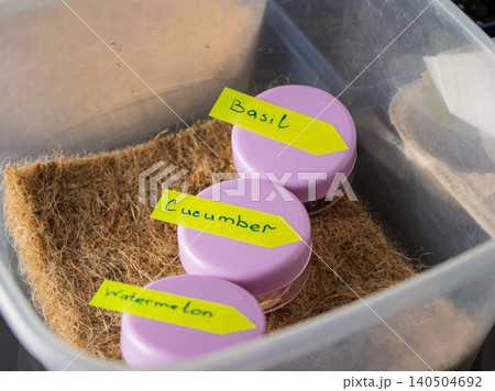 Jars labeled basil, cucumber, and watermelon stored in plastic bin with coconut coir seed starting medium Jars labeled basil, cucumber, and watermelon stored in plastic bin with coconut coir seed starting medium 140504692