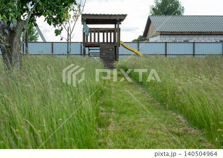 Part of a backyard lawn left uncut with high wild green grass. Landscaping negligence and lawn care theme Part of a backyard lawn left uncut with high wild green grass. Landscaping negligence and lawn care theme 140504964