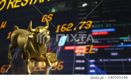 Golden Bull Market Rally With Coins And Trading Screen 3d render. Golden Bull Market Rally With Coins And Trading Screen 3d render. 140505146