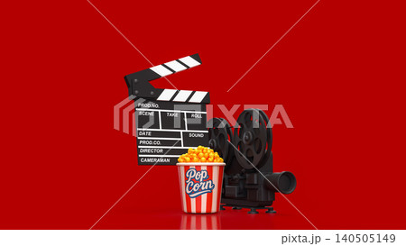 Creative Cinema Night With Popcorn And Vintage Film Equipment 3d render. Creative Cinema Night With Popcorn And Vintage Film Equipment 3d render. 140505149