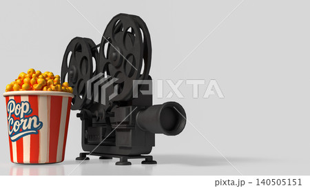 Classic Movie Night With Popcorn And Vintage Film Camera 3d render. Classic Movie Night With Popcorn And Vintage Film Camera 3d render. 140505151