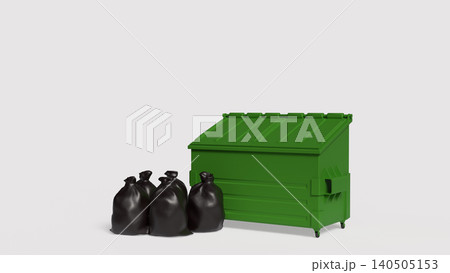 Green Waste Container With Black Garbage Bags 3d render. 140505153
