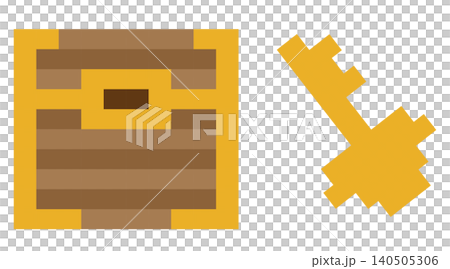 Pixel art illustration of a treasure chest and key 140505306