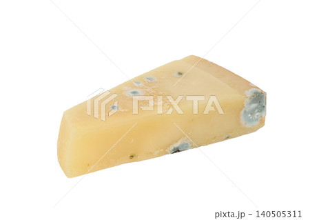 Piece of hard cheese spoiled by mold isolated on white background 140505311