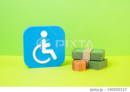 The symbol of a person with a disability and money. Financial benefits, pensions, and social payments. Health damage compensation. The symbol of a person with a disability and money. Financial benefits, pensions, and social payments. Health damage compensation. 140505517