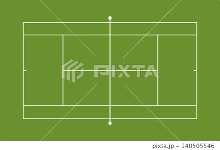 Top-down view of a clean, green grass tennis court with white lines 140505546