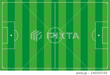 Top-down view of a green soccer field with white markings and goal boxes Top-down view of a green soccer field with white markings and goal boxes 140505550