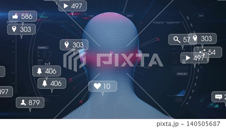 Rendering dotted-mesh avatar skull glowing in cyberspace, with floating notifications and HUD lines Rendering dotted-mesh avatar skull glowing in cyberspace, with floating notifications and HUD lines 140505687