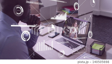 Leaning pro in light shirt studying laptop call at office desk with data overlays, copy space Leaning pro in light shirt studying laptop call at office desk with data overlays, copy space 140505698