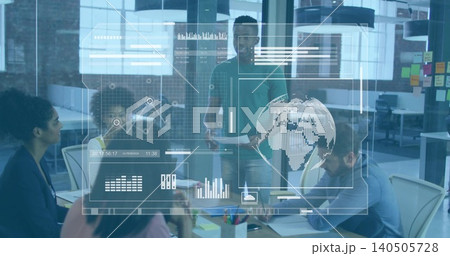 Presenting standing man wearing casual shirt and showing data in office, with data-overlay laptop 140505728