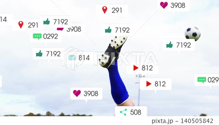 Kicking soccer player lifting blue-socked leg at pitch, with black cleat, soccer ball, social icons Kicking soccer player lifting blue-socked leg at pitch, with black cleat, soccer ball, social icons 140505842