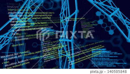 Floating blue 3D wireframe lattice rotating, glowing in cyberspace, with code streams, copy space Floating blue 3D wireframe lattice rotating, glowing in cyberspace, with code streams, copy space 140505848