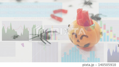 Showing orange jackolantern toy sitting right on white desk with spiders, data overlay, copy space Showing orange jackolantern toy sitting right on white desk with spiders, data overlay, copy space 140505910