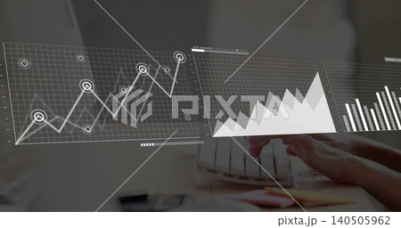 Typing hands with light cuff hovering over white keyboard at desk, AR data overlay, copy space Typing hands with light cuff hovering over white keyboard at desk, AR data overlay, copy space 140505962