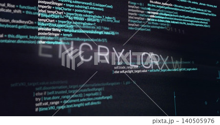 Displaying faint ENCRYPTION text while code scrolling on computer monitor, cybersecurity theme 140505976