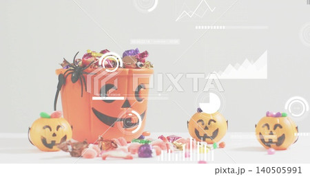 Showing orange pumpkin bucket sitting left on table with spider, pumpkins, candies, HUD, copy space 140505991
