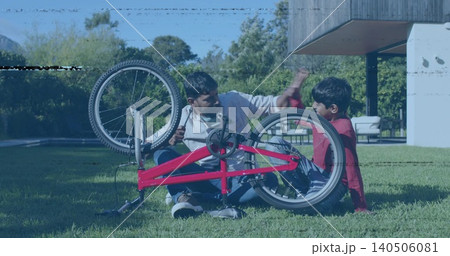 Repairing dad and son fixing red overturned bicycle backyard, dad light shirt, son red top, wrench Repairing dad and son fixing red overturned bicycle backyard, dad light shirt, son red top, wrench 140506081