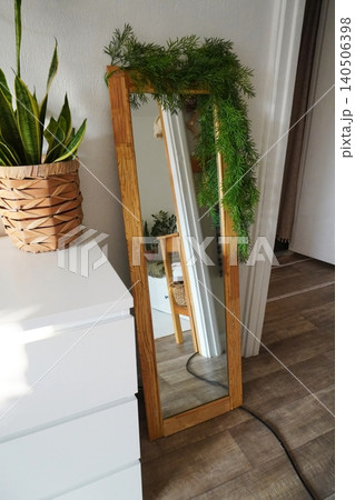 Stylish Full-Length Mirror Decorated with Greenery in a Modern Interior Setting Stylish Full-Length Mirror Decorated with Greenery in a Modern Interior Setting 140506398