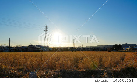 夕日に照らされた田園風景と送電鉄塔のある日本の冬景色 夕日に照らされた田園風景と送電鉄塔のある日本の冬景色 140506551