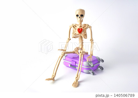 Skeleton with Heart Sitting on a Purple Suitcase Against a Plain Background Skeleton with Heart Sitting on a Purple Suitcase Against a Plain Background 140506789