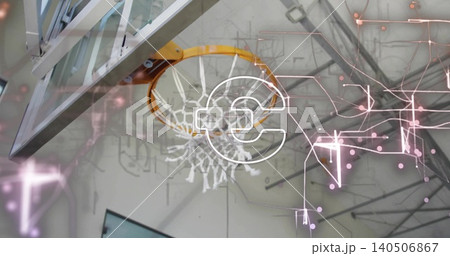 Showing basketball rim and glass backboard hanging from gym rafters, with euro and circuit overlays Showing basketball rim and glass backboard hanging from gym rafters, with euro and circuit overlays 140506867