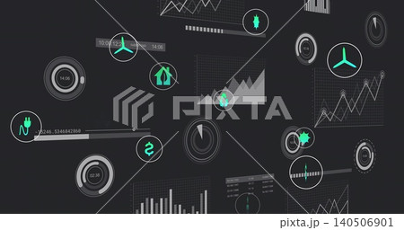 Displaying floating data dashboard occupying center on dark field, with line charts and gauges Displaying floating data dashboard occupying center on dark field, with line charts and gauges 140506901