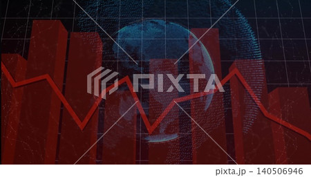 Displaying clear red 3D bars with jagged red line across digital dashboard and dotted blue globe Displaying clear red 3D bars with jagged red line across digital dashboard and dotted blue globe 140506946