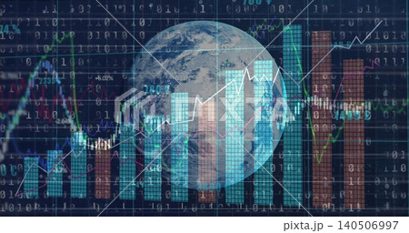 Rotating translucent Earth globe overlapping data screen, showing teal and rust bars, binary code Rotating translucent Earth globe overlapping data screen, showing teal and rust bars, binary code 140506997