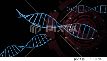 Spinning central blue DNA helix moving diagonally in virtual lab, showing red HUD, minor helices Spinning central blue DNA helix moving diagonally in virtual lab, showing red HUD, minor helices 140507008