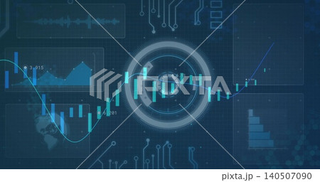 Displaying central circular HUD showing teal candlestick chart with blue trend line on screen Displaying central circular HUD showing teal candlestick chart with blue trend line on screen 140507090