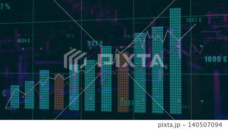 Displaying rising bar-line financial chart on monitor, showing teal bars and two overlaid lines Displaying rising bar-line financial chart on monitor, showing teal bars and two overlaid lines 140507094