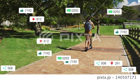 Riding woman in tank ochre shorts on electric scooter along brick path, social icons, copy space Riding woman in tank ochre shorts on electric scooter along brick path, social icons, copy space 140507171