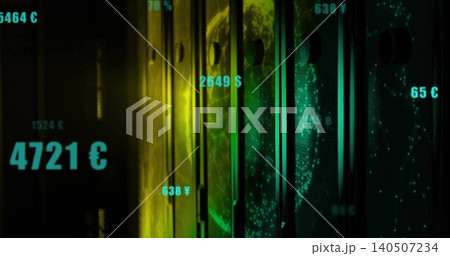 Displaying metal slats and wire globe shifting on finance dashboard, with floating currency labels Displaying metal slats and wire globe shifting on finance dashboard, with floating currency labels 140507234