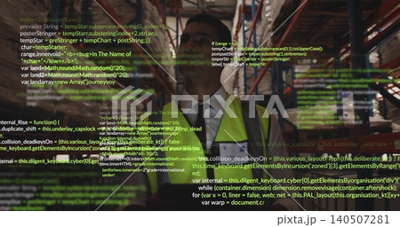 Inspecting man in hi-vis vest and tie checking shelves, boxes in warehouse aisle with code overlay 140507281