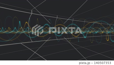 Oscillating overlapping sinewaves filling virtual tunnel with teal-cyan-gold trails, bright nodes 140507353