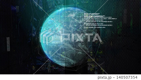 Projecting holographic globe pulsing teal wireframe over hex mesh in control room, showing code Projecting holographic globe pulsing teal wireframe over hex mesh in control room, showing code 140507354