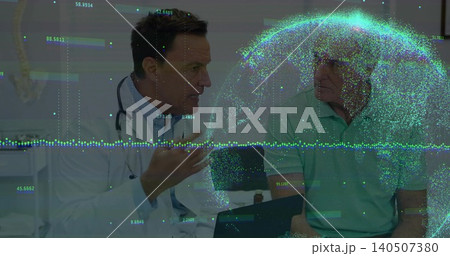 Talking doctor in lab coat, stethoscope advising patient green polo, clinic tablet showing AR globe 140507380
