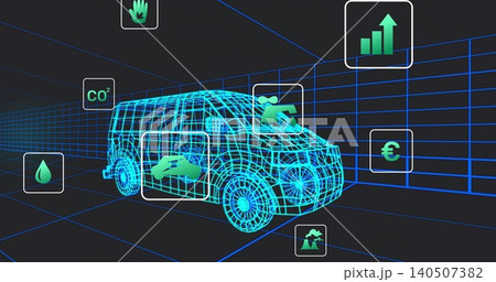 Displaying cyan wireframe van model inside blue grid tunnel, showing floating CO2 and euro icons Displaying cyan wireframe van model inside blue grid tunnel, showing floating CO2 and euro icons 140507382