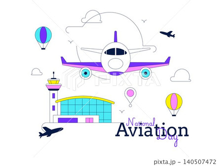 National Aviation Day Vector Illustration Featuring Airplane Flight, Airport Terminal, Air Traffic Control Tower, Aviation Celebration, and Air Travel 140507472
