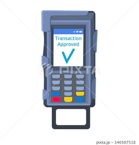 Compact electronic payment device with color-coded buttons and digital display showing approved transaction. Compact electronic payment device with color-coded buttons and digital display showing approved transaction. 140507518