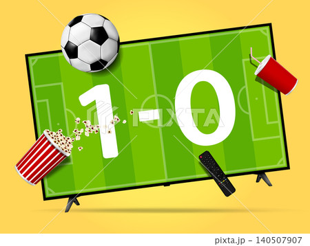 Soccer match on TV set. Levitation smart tv, remote control, popcorn, soda cup and soccer ball. Soccer match on TV set. Levitation smart tv, remote control, popcorn, soda cup and soccer ball. 140507907