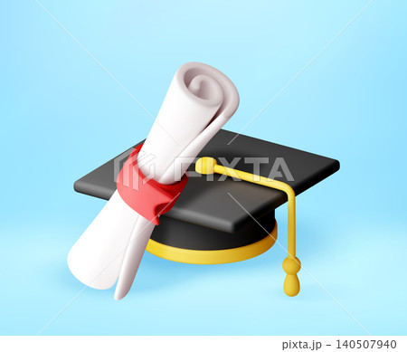 3D Graduation cap with diploma on blue 3D Graduation cap with diploma on blue 140507940