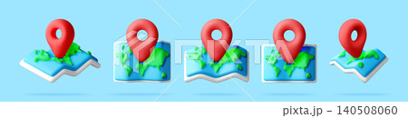 3D set of world maps with red navigation pins. 3D set of world maps with red navigation pins. 140508060
