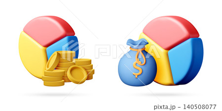 3d pie chart with gold coin stack and money bag 3d pie chart with gold coin stack and money bag 140508077