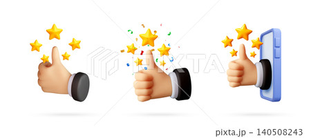 Set of 3D hand icons showing thumbs and stars. Set of 3D hand icons showing thumbs and stars. 140508243