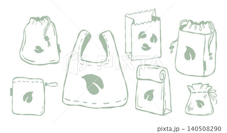 Eco-Friendly Reusable Bags Set. Sustainable Packaging and Organic Cotton Totes. Zero Waste Shopping and Grocery Lifestyle. Vector Illustration. Isolated Outline Hand Drawn. Eco-Friendly Reusable Bags Set. Sustainable Packaging and Organic Cotton Totes. Zero Waste Shopping and Grocery Lifestyle. Vector Illustration. Isolated Outline Hand Drawn. 140508290