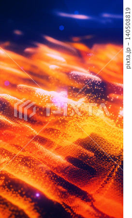 Abstract glowing orange particle waves flowing across a dark blue background, creating a vivid futuristic data landscape. 140508819
