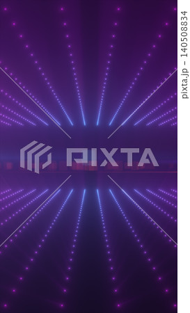 Purple and blue dotted light rays receding toward a central horizon, creating a futuristic abstract perspective background 140508834