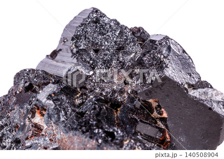 macro mineral stone sherle, schorl, black tourmaline on white background 140508904